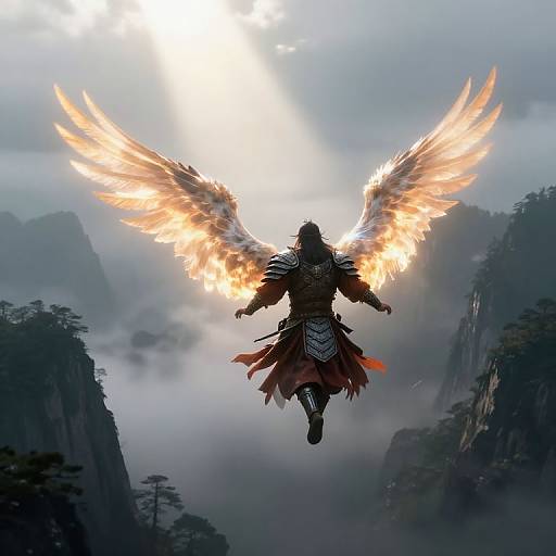 Digital artwork of a warrior with glowing, fiery wings soaring above misty, mountainous landscape at dawn, sunlight illuminating from above.