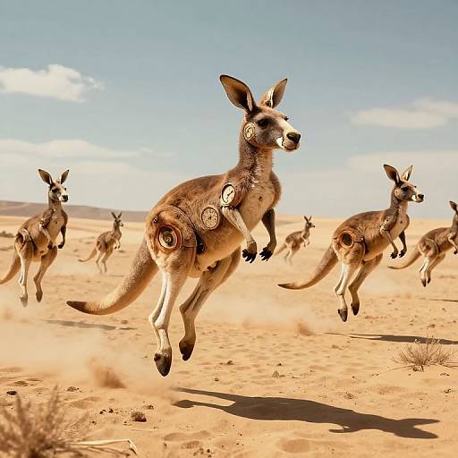 Photograph of six kangaroos with intricate, spiral-patterned markings on their fur, leaping through a sunlit, sandy desert under a clear