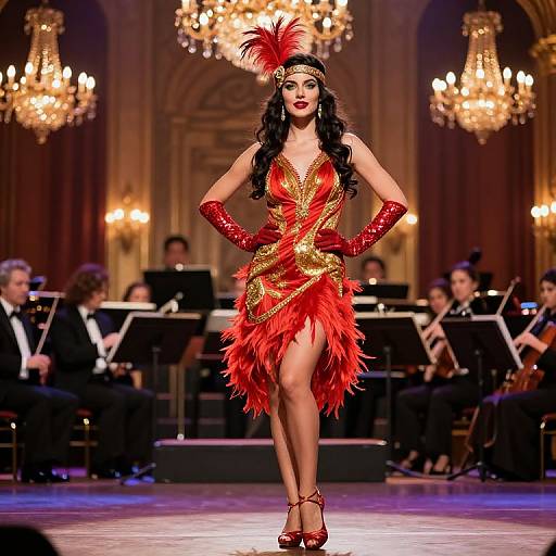 Photograph of a glamorous woman in a red and gold feathered flapper dress, red gloves, and headpiece with a feather, walking on a