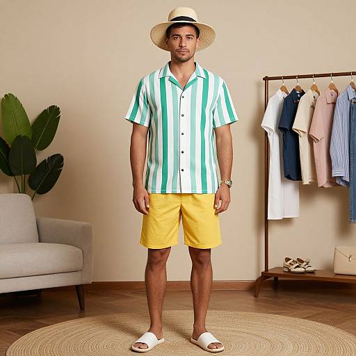 Photograph of a man in green-striped shirt, yellow shorts, white sandals, straw hat, standing in a stylish room with plants, clothes rack,