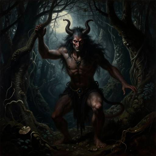 Digital art of a muscular, demonic creature with dark fur, black horns, and glowing red eyes, crouching in a dark, moonlit forest