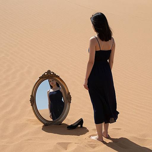 Photograph of a woman with black hair, in a black dress and heels, standing in a desert, facing an ornate mirror reflecting her contemplative