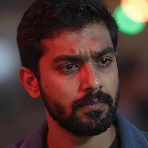 Introspective Man in Colorful Bokeh Lights