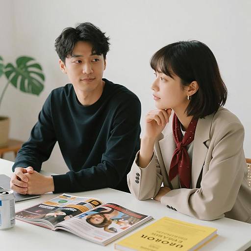 Two People Sitting at Desk with Magazines