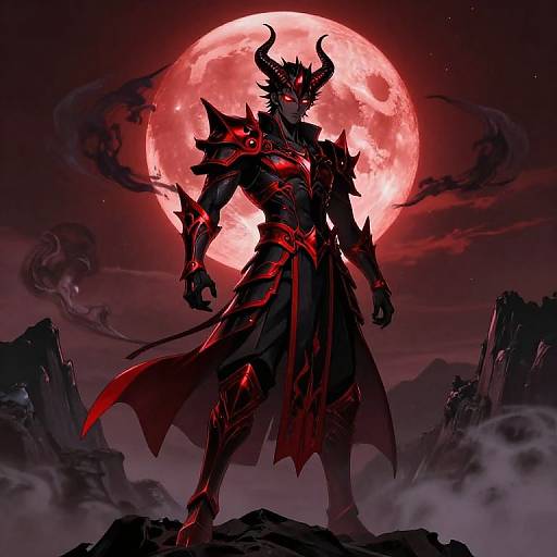 Digital artwork of a dark, horned demon warrior in red armor standing on a rocky peak under a glowing red full moon.