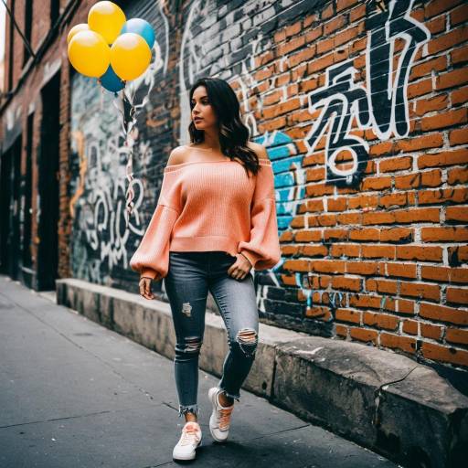 Woman with Balloons in Urban Street Style
