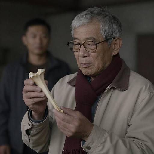 Elderly Man Examining Bone in Industrial Setting
