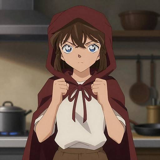 Determined Girl in Dim Kitchen Setting