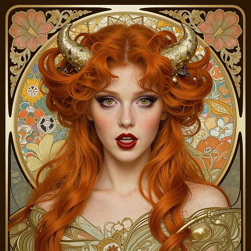 Digital art of a pale-skinned woman with vibrant red curls, golden horns, red lipstick, and intricate floral background, wearing an ornate golden garment