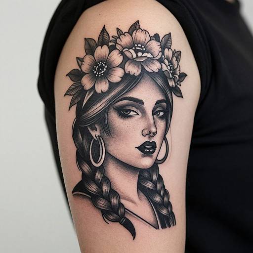 Black and gray tattoo of a braided woman with a flower crown, hoop earrings, and dark lipstick on a bicep. Photorealistic style