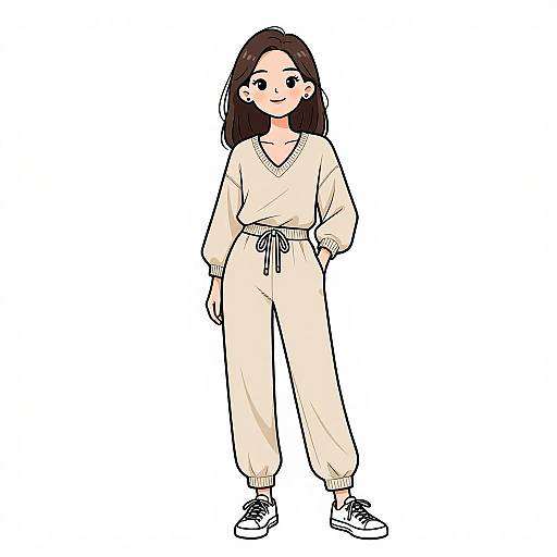 Smiling Woman in Beige Knit Jumpsuit