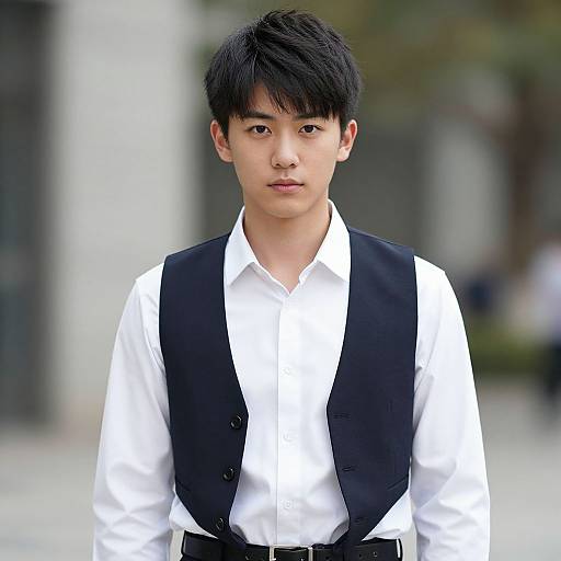 Photograph of a young Asian man with straight black hair, wearing a white shirt and black vest, standing outdoors against a blurred urban background.