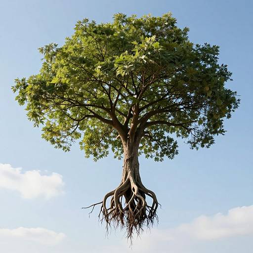 Photograph of a large tree with lush green leaves and exposed, sprawling roots, floating against a clear blue sky.