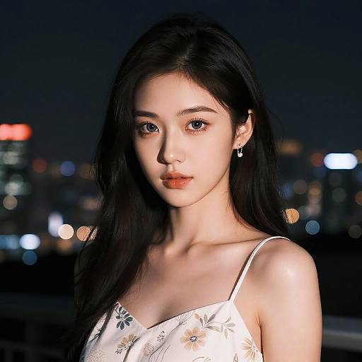 Photograph of a beautiful young Asian woman with long black hair, wearing a white floral dress, illuminated by night city lights.