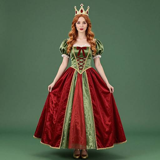 Photograph of a red-haired woman in a green and red medieval-style princess dress with puffed sleeves, lace-up corset, gold crown, and
