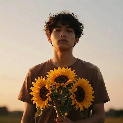 Photograph of a young man with curly black hair, wearing a brown t-shirt, holding a bouquet of sunflowers, silhouetted against a