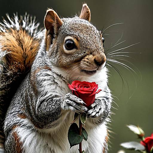 Fluffy Squirrel Holding a Single Rose