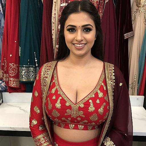 Photograph of a smiling Indian woman with long black hair, wearing a red and gold embroidered traditional outfit, standing in front of colorful lehengas in