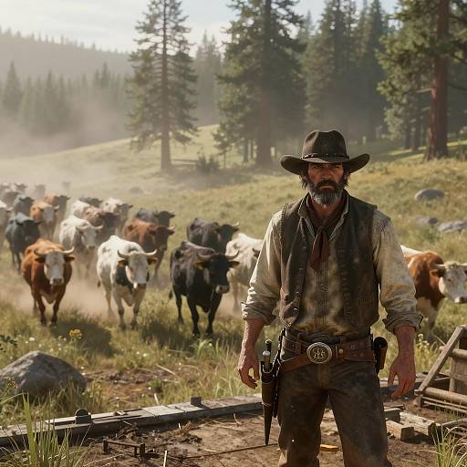 Cowboy Herding Cattle in Misty Forest Clearing