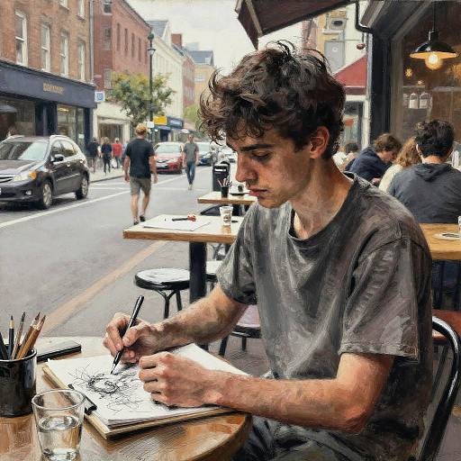 Charcoal Painting of Artist in Café