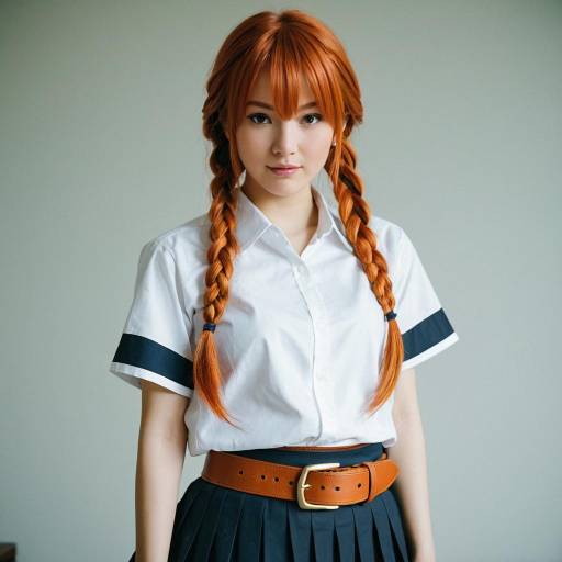 Young Woman with Red Braided Hair in White Shirt and Skirt