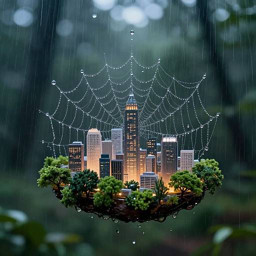 Photograph of a miniature cityscape with illuminated buildings, surrounded by green trees, suspended in mid-air under a delicate spiderweb adorned with dewdrops,