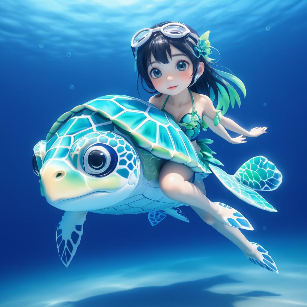 Anime Sea Turtle Girl in Underwater Scene