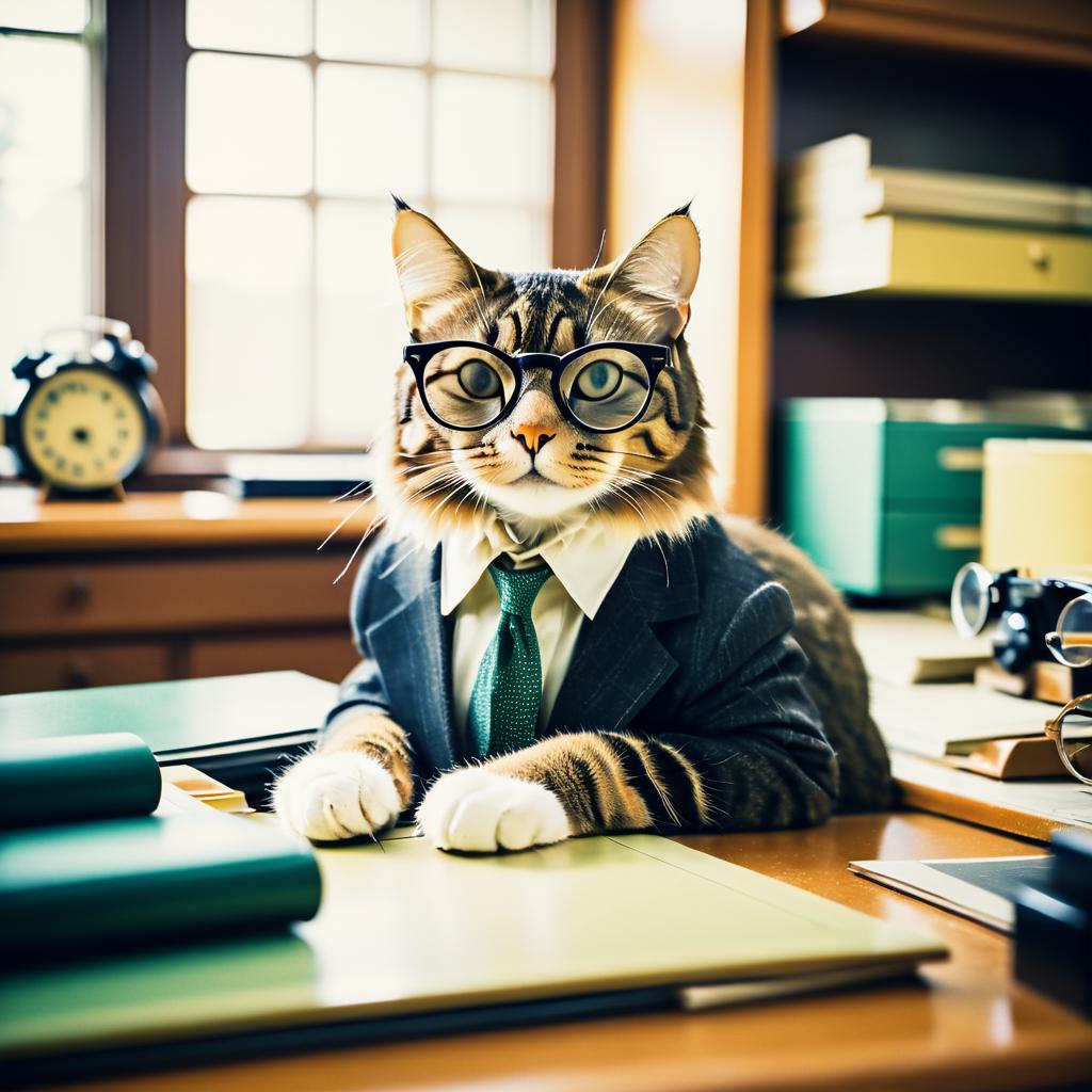 Vintage Playful Cat at Desk with Glasses