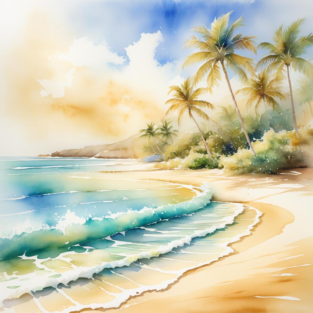 Serene Watercolor of a Hawaiian Beach