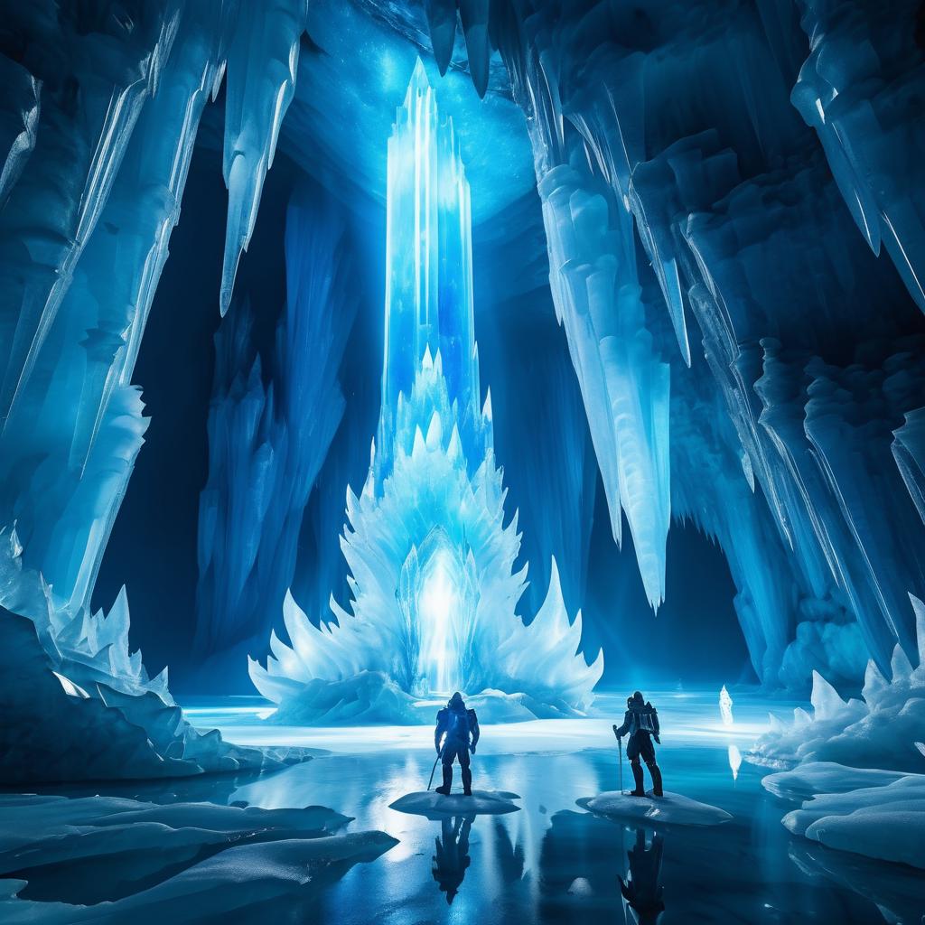 Explorers in a Sapphire Ice Cave