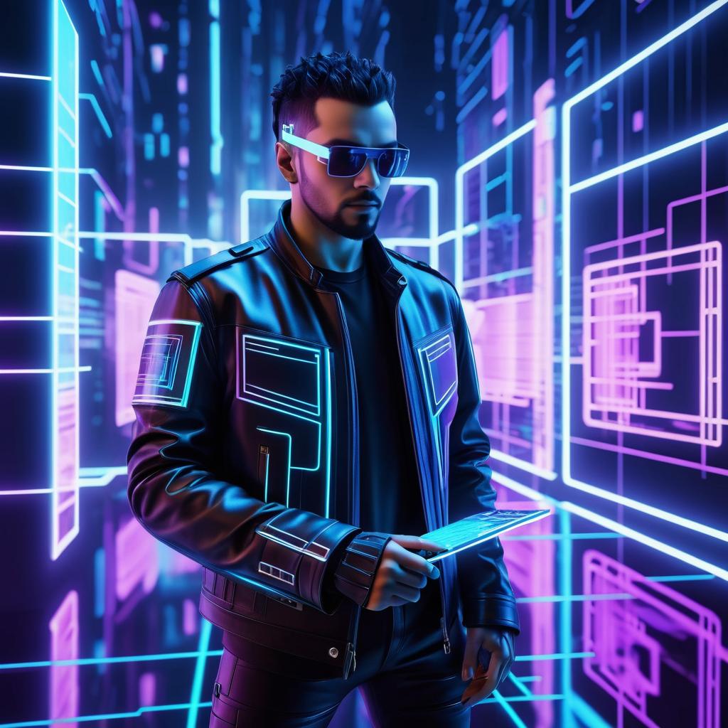 Futuristic Cybernetic Hacker in Neon City