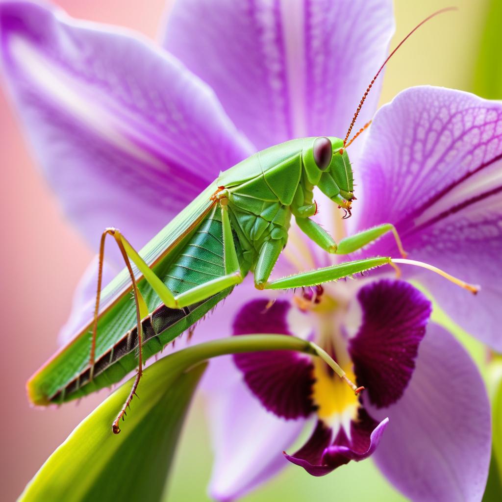 Macro Photography of Katydid on Orchid