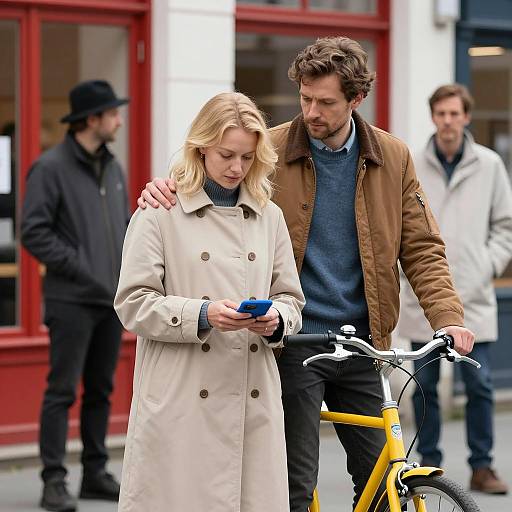 Man Comforting Woman on Street with Bicycle