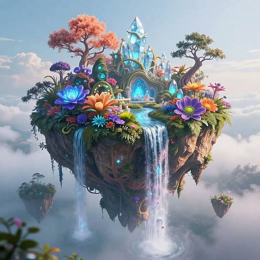 Fantasy CGI scene: Floating island with glowing blue flowers, colorful blooms, cascading waterfalls, whimsical castle, and orange trees against a bright