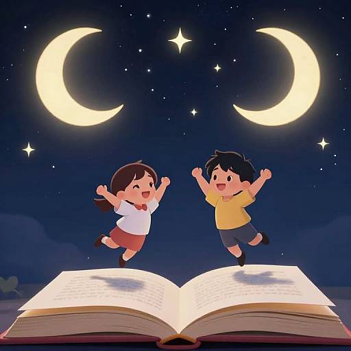 Digital illustration of two joyful children, a girl in a white shirt and red skirt, and a boy in a yellow shirt and blue shorts, jumping on