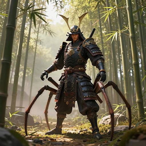 Humanoid Spider Samurai in Bamboo Grove