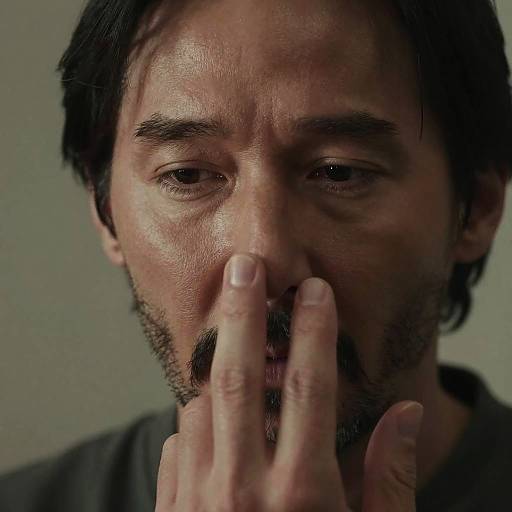 Close-up photograph of a middle-aged man with dark hair, beard, and slightly furrowed brow, covering his mouth with his fingers, looking serious