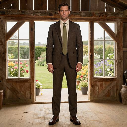 Photograph of a serious, handsome man in a dark pinstripe suit, green tie, and black shoes standing in a sunlit wooden barn with