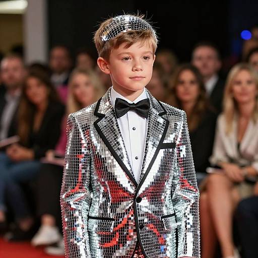 Photograph of a young boy in a silver sequin tuxedo with black bow tie, standing confidently on a red carpet, with blurred audience in