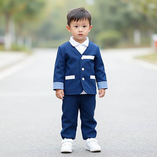 Photograph of a young Asian boy with short black hair, wearing a navy blue school uniform with white trim, standing on a blurred outdoor path.