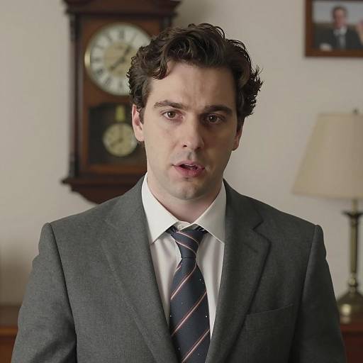 Businessman in Gray Suit with Clock Background