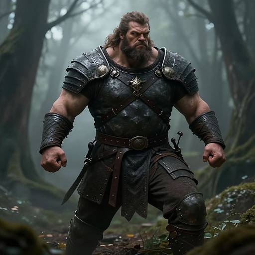 Photorealistic CGI of a muscular, bearded man in dark, medieval armor standing in a misty forest, fists clenched, with a serious