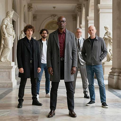 Group of Five Men in Elegant Hallway
