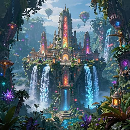 Ancient Aerial City in Bioluminescent Jungle