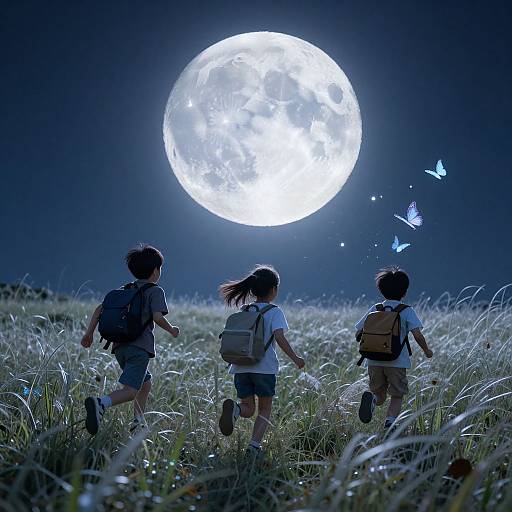 Digital art: Three children, backpacks on, run toward a bright full moon in a moonlit grassy field, with glowing blue butterflies.