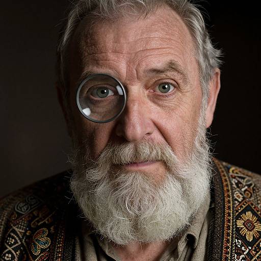 Photograph of a white, elderly man with a gray beard, wearing a patterned vest, looking through a magnifying glass, against a dark background