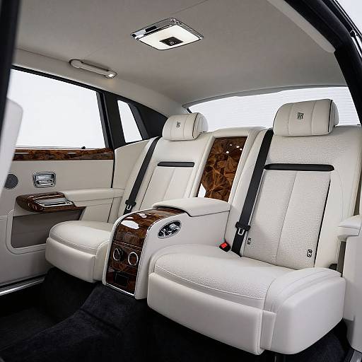 Luxurious car interior photo: White leather seats with brown wood accents, black seat belts, overhead console, and sunroof.
