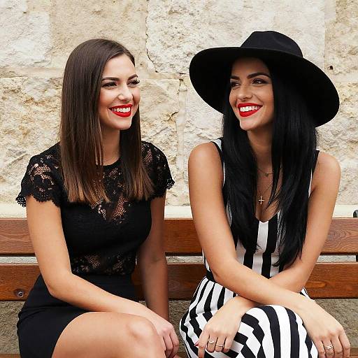 Photograph of two smiling women with long black hair, one in a lace black dress, the other in a black-and-white striped dress and black hat