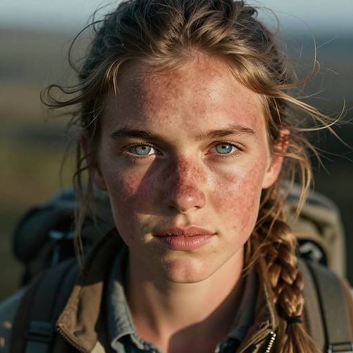 Close-up photograph of a freckled, blue-eyed young woman with brown braided hair, wearing a brown jacket, against a blurred outdoor background.