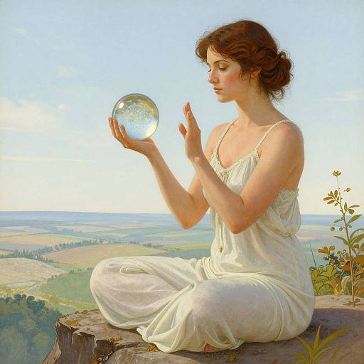 Photorealistic painting of a fair-skinned woman with brown hair, wearing a white, sleeveless dress, sitting on a rock, holding a clear